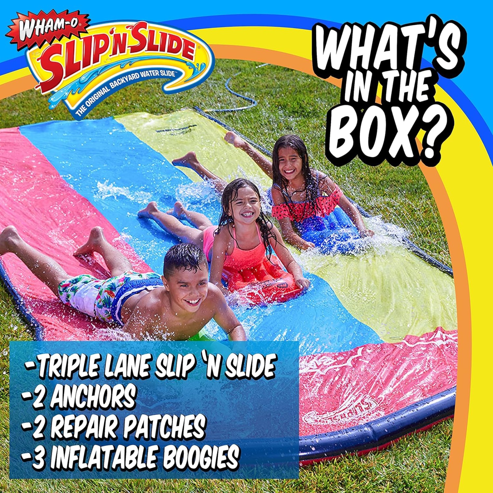 Wham-O Slip N Slide 三重滑梯和带 3 个趴板的滑梯 高级草坪水滑梯 Super Slip 后院水滑梯 儿童户外水上玩具