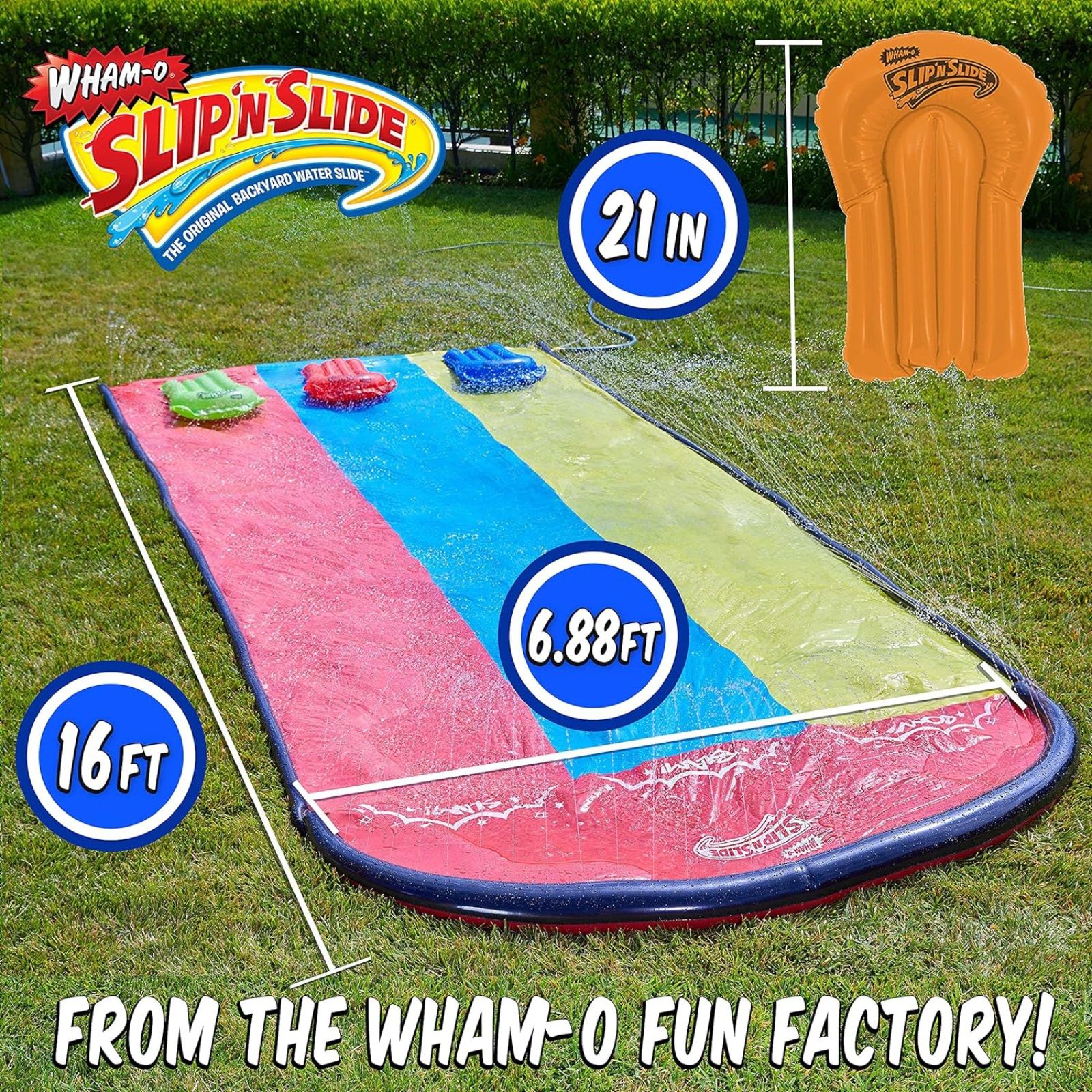 Wham-O Slip N Slide 三重滑梯和带 3 个趴板的滑梯 高级草坪水滑梯 Super Slip 后院水滑梯 儿童户外水上玩具