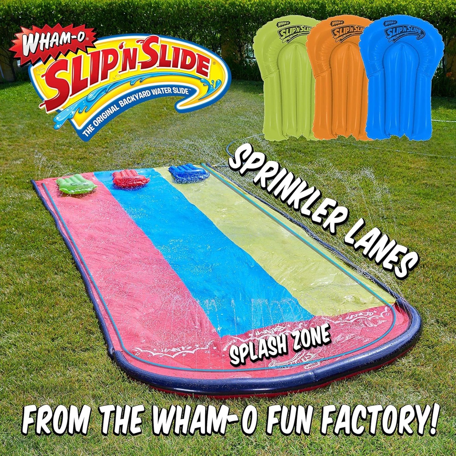 Wham-O Slip N Slide 三重滑梯和带 3 个趴板的滑梯 高级草坪水滑梯 Super Slip 后院水滑梯 儿童户外水上玩具